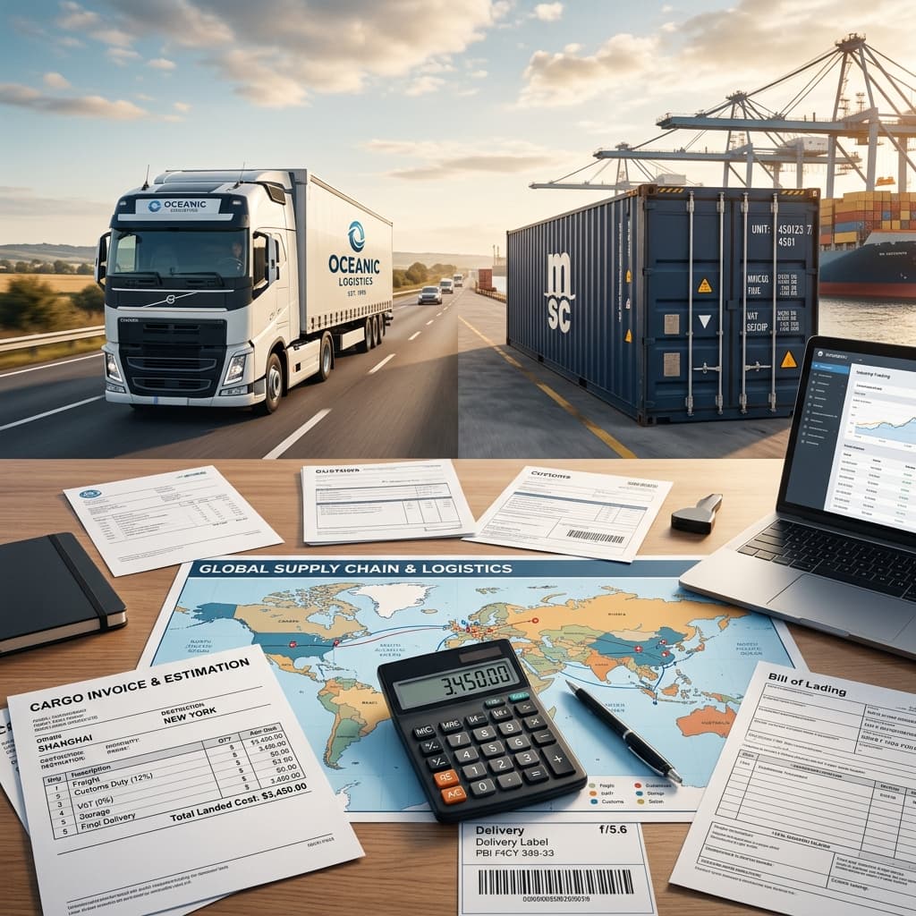Landed cost working sheet with freight documents and a calculator